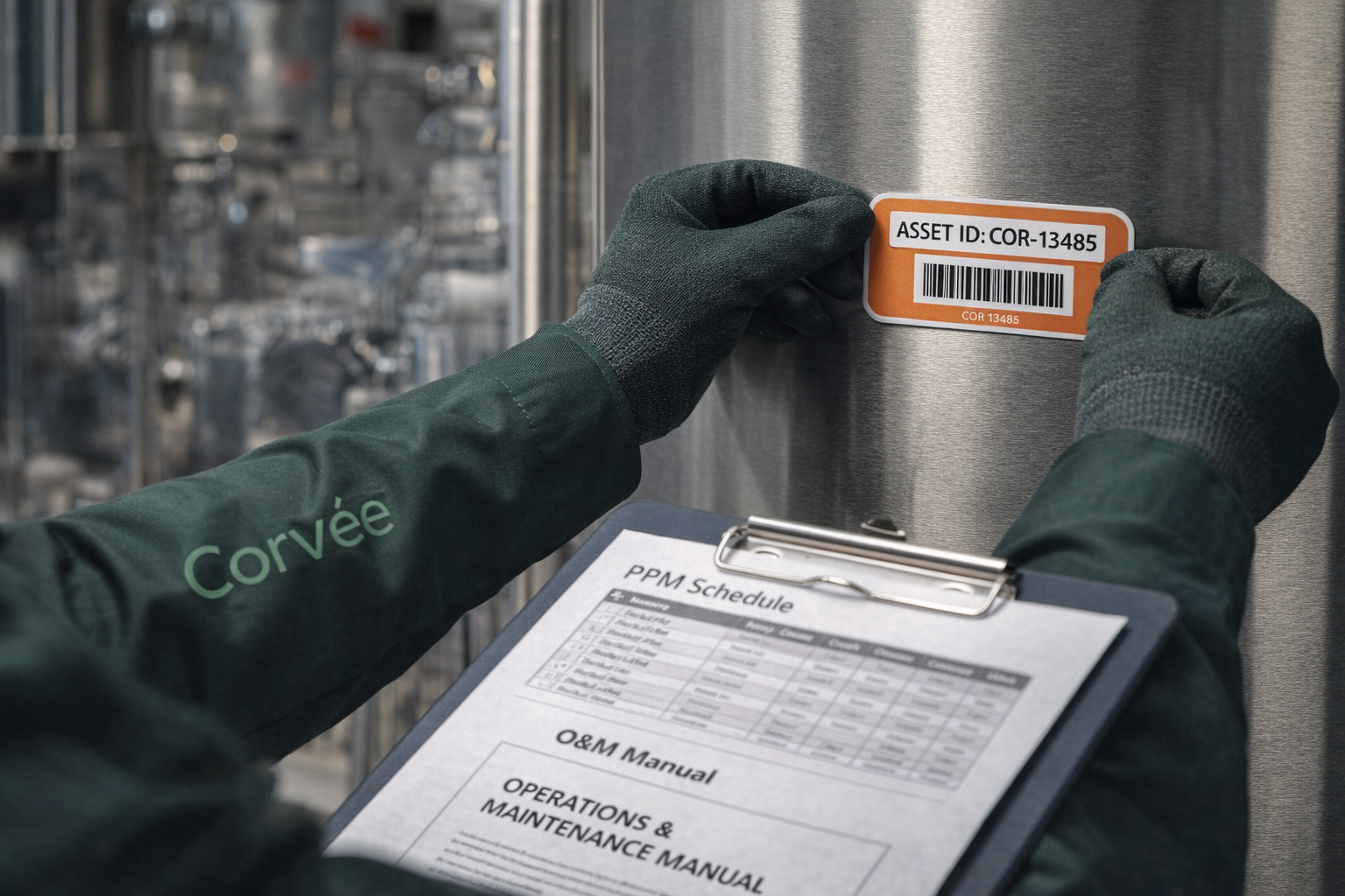 Gloved hands attach an asset ID tag to a commercial boiler unit; nearby clipboard shows PPM schedule and O&M manual; shallow focus on the tag.