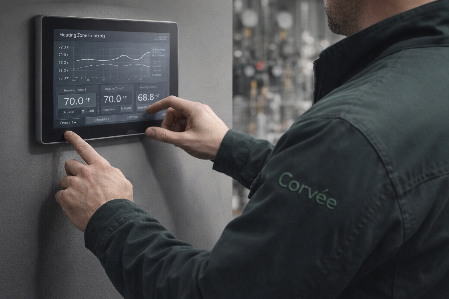 Gloved hands operate a BMS control panel showing heating zones and temperature data; modern plant room softly blurred in the background.