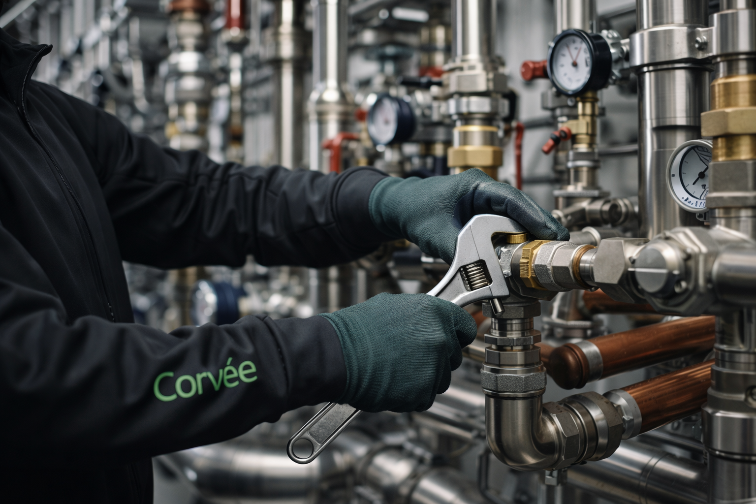 Gloved hands tighten fittings on stainless and copper boiler pipework with valves and industrial connectors; mid‑torso crop; face not visible.