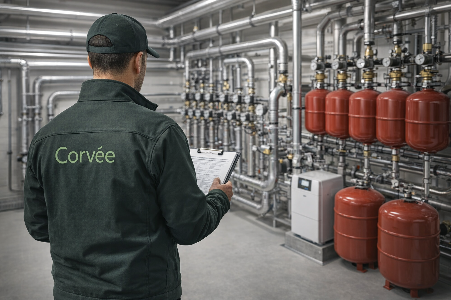 Engineer in dark green workwear, seen from behind, reviews a clipboard in front of a modern commercial heating system with multiple circuits and expansion vessels.