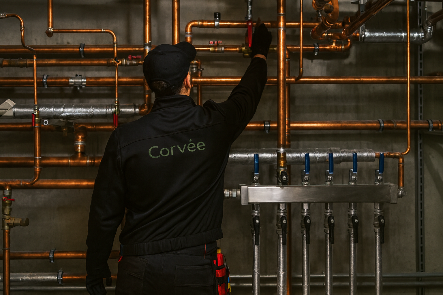 Commercial plumber in a dark green jacket, seen from behind, adjusting large copper and stainless pipework with valves and manifolds in a clean plant room.