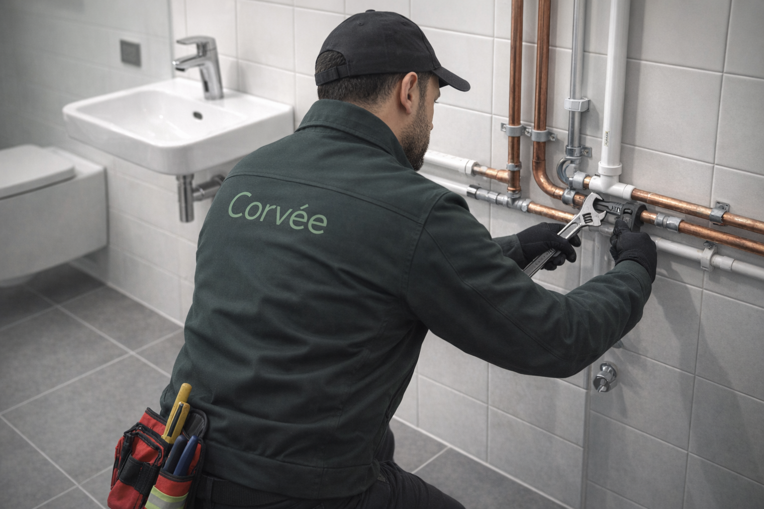 Commercial plumber in a dark green jacket, seen from behind, installs washroom fixtures in a modern tiled space under construction; face not visible.