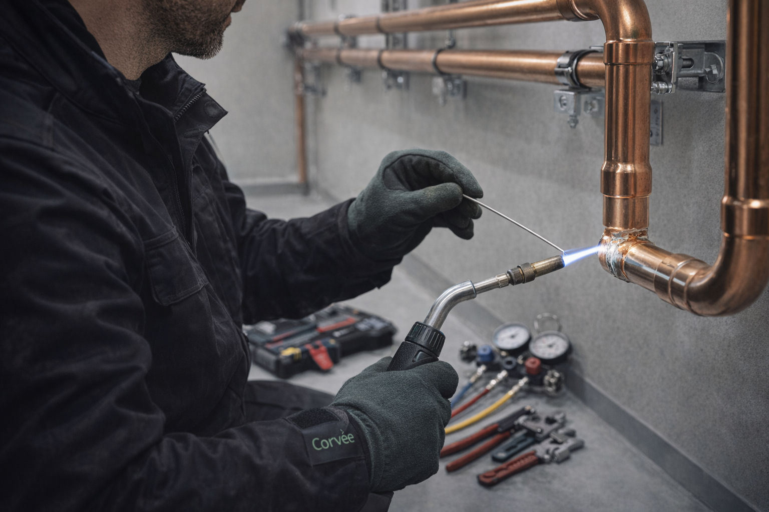 Gloved engineer solders a copper pipe joint; pressure test gauge and tools nearby; shallow depth of field focuses on the connection; no face visible.