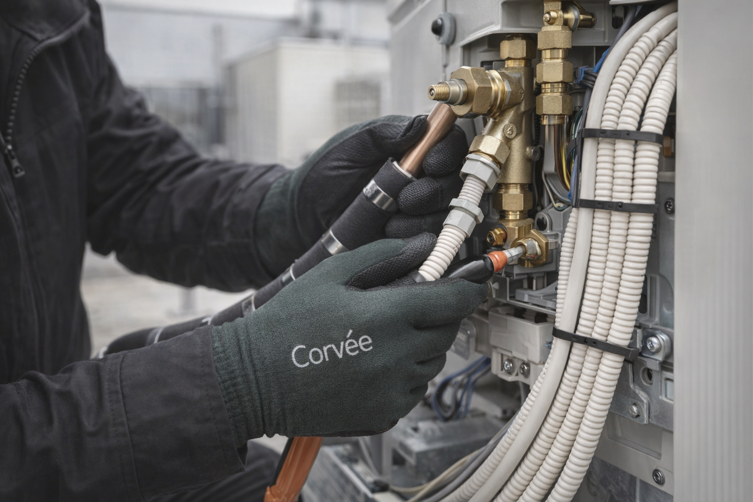 Gloved engineer connects refrigerant pipework and electrical conduit on a heat pump; tidy cable management; shallow depth of field; no face visible.