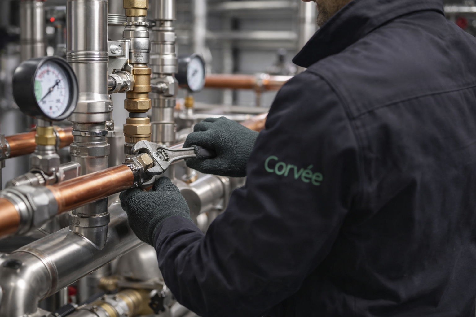 M&E engineer in a dark green jacket and hard hat, seen from behind, inspects large commercial boilers and complex pipework in a clean plant room.