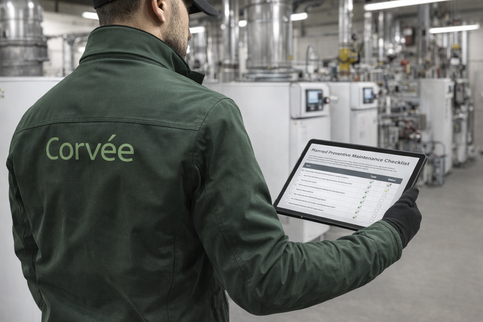 Commercial M&E engineer in a dark green jacket, seen from behind, holds a tablet showing a PPM checklist in front of a boiler plant room.