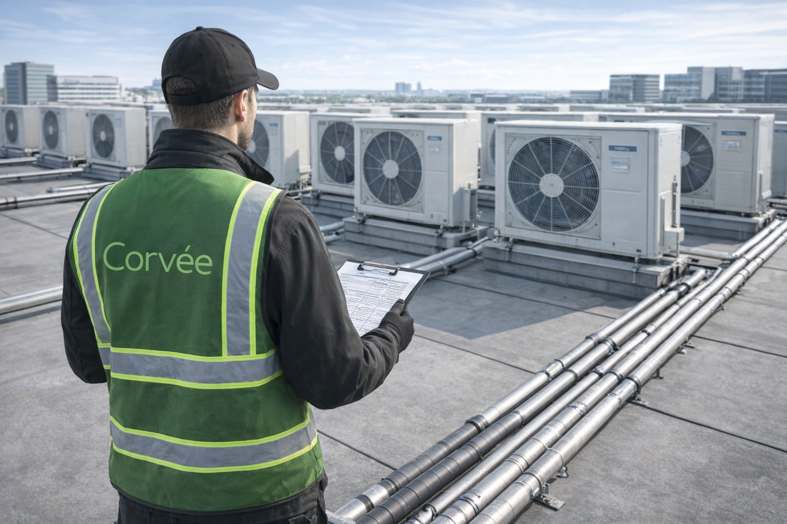 Large commercial air‑source heat pump units on a flat rooftop; engineer in dark green hi‑vis, seen from behind, checks commissioning paperwork in daylight.