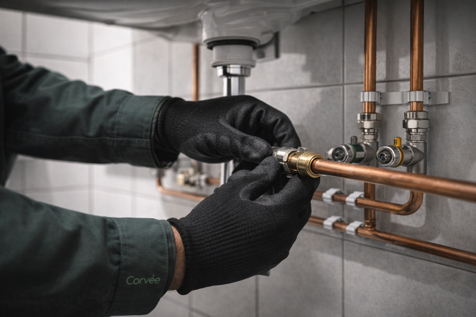 Dark‑green gloved hands make precise connections beneath a vanity: copper and push‑fit fittings with isolation valves; clean commercial finish.